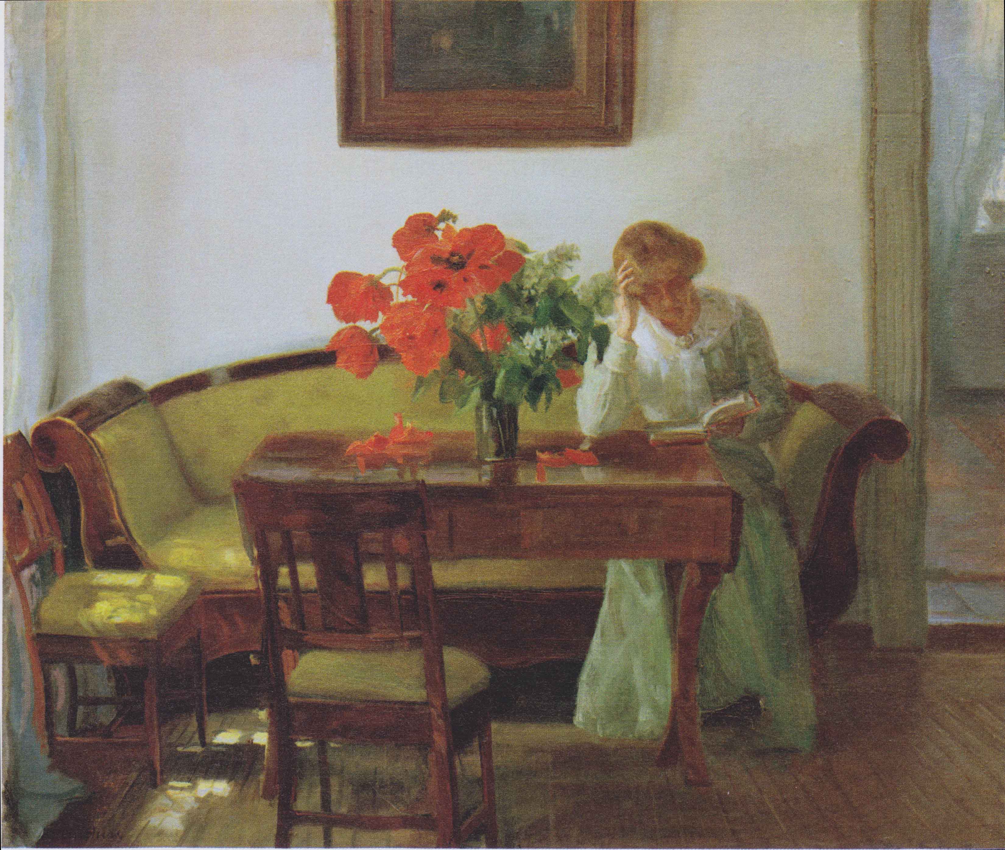 Anna Ancher Interior with poppies and reading woman